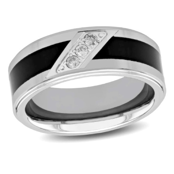 Bold Black & White Authentic Tungsten Men’s Round (3) Diamond Wedding Band 1/10